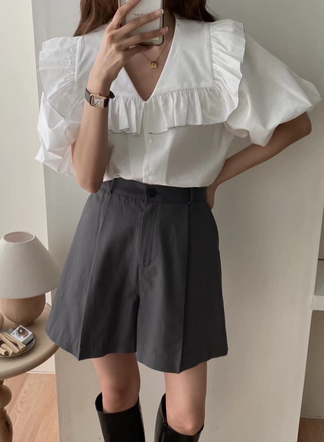 지금 huo 둘 색상 폴로 칼라 프릴 패치워크 색상 측면 디자인 센스 반팔 셔츠 이미지 2