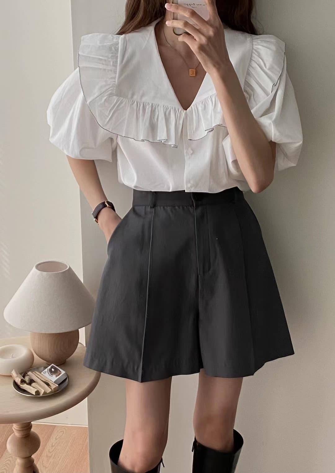 지금 huo 둘 색상 폴로 칼라 프릴 패치워크 색상 측면 디자인 센스 반팔 셔츠 이미지 3