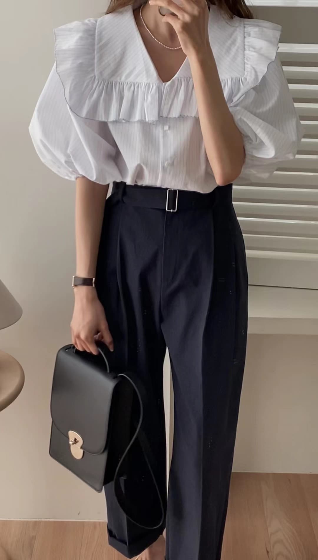 지금 huo 둘 색상 폴로 칼라 프릴 패치워크 색상 측면 디자인 센스 반팔 셔츠 상세 이미지 2