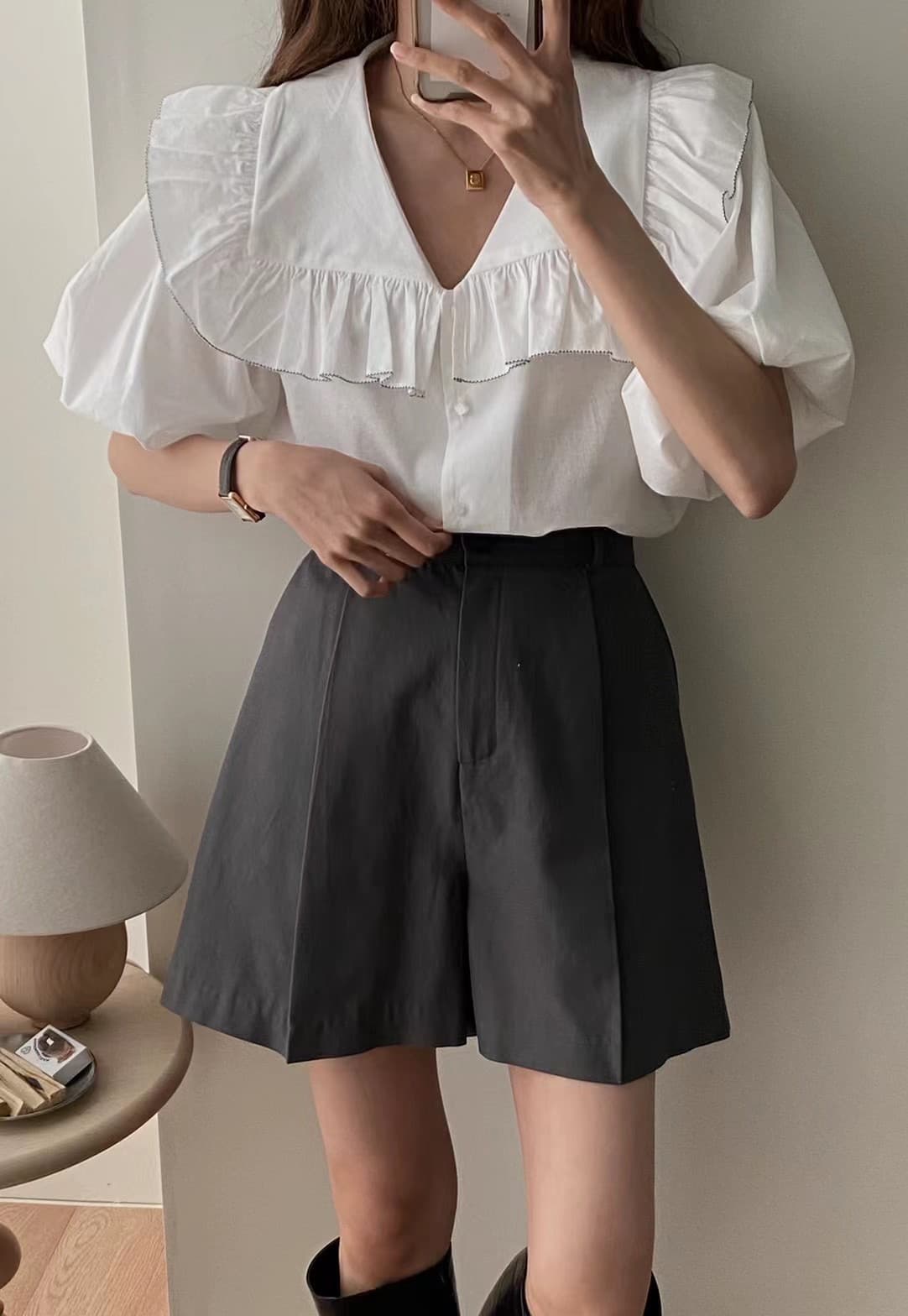 지금 huo 둘 색상 폴로 칼라 프릴 패치워크 색상 측면 디자인 센스 반팔 셔츠 상세 이미지 4