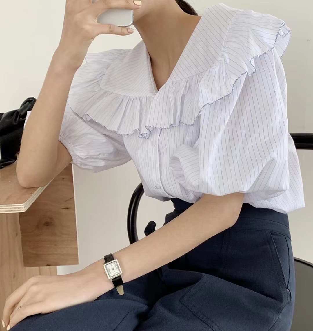 지금 huo 둘 색상 폴로 칼라 프릴 패치워크 색상 측면 디자인 센스 반팔 셔츠 상세 이미지 7