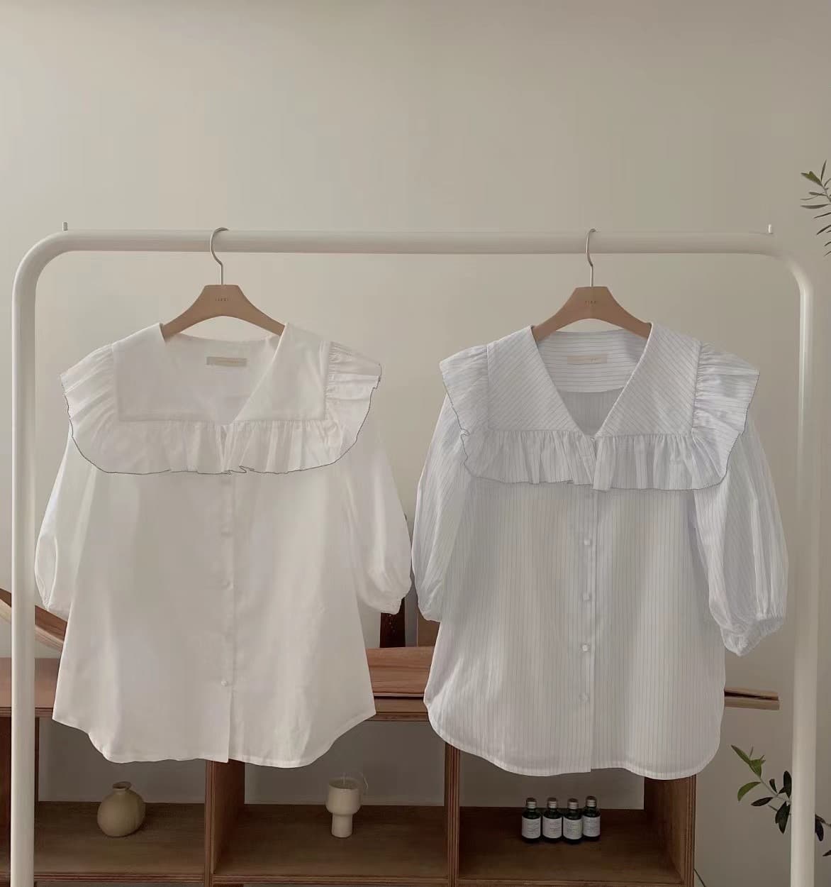 지금 huo 둘 색상 폴로 칼라 프릴 패치워크 색상 측면 디자인 센스 반팔 셔츠 상세 이미지 8