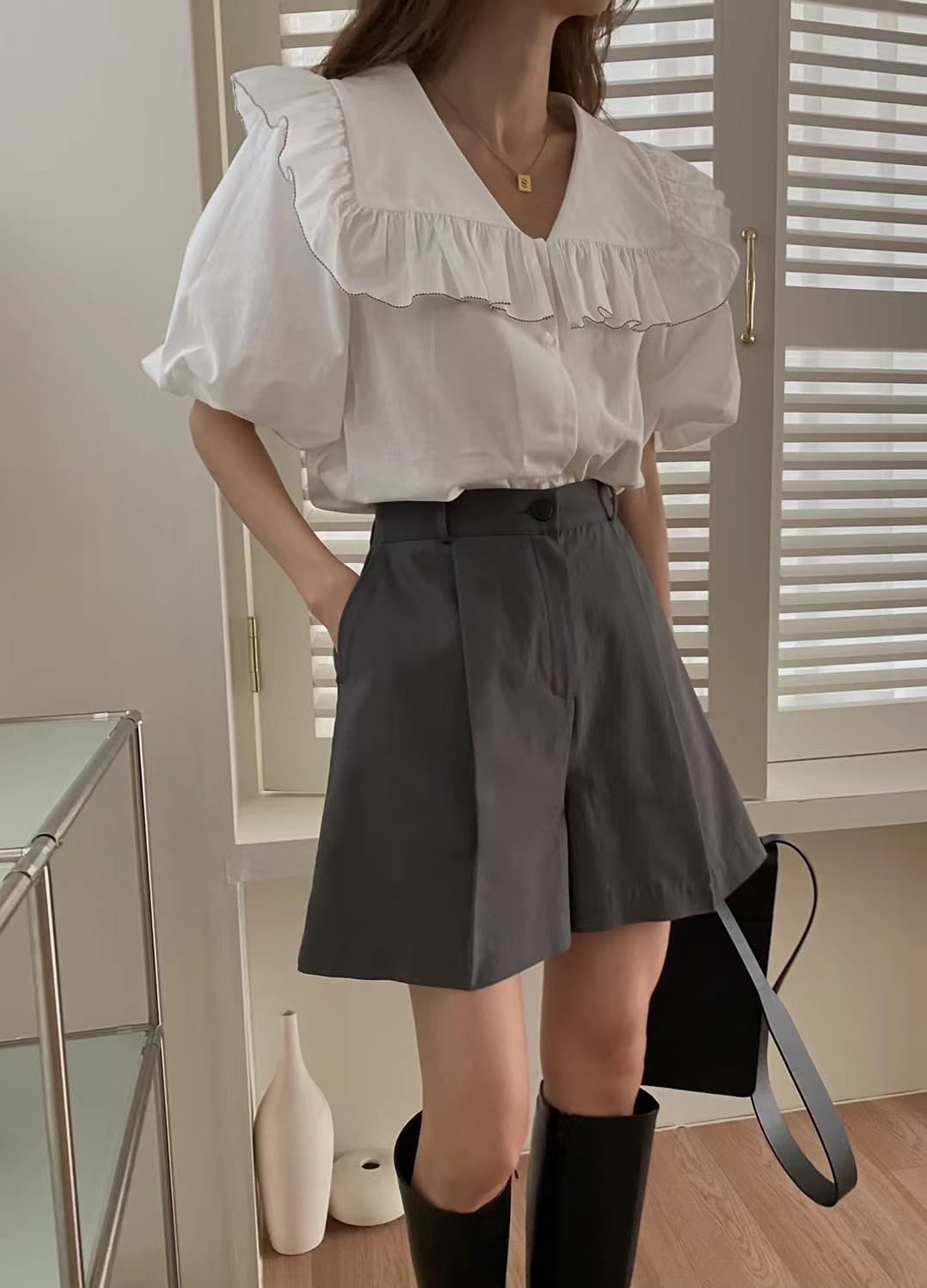 지금 huo 둘 색상 폴로 칼라 프릴 패치워크 색상 측면 디자인 센스 반팔 셔츠 상세 이미지 9