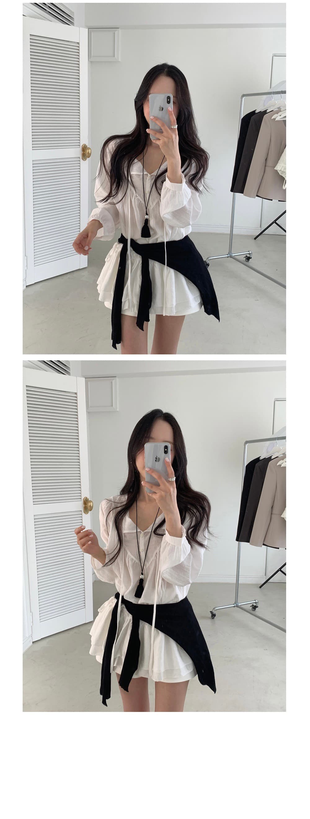 있음 선적 한 부서 얇고 가벼운 삼색 달콤함 허리 수축 펌프 로프 긴팔 드레스 상세 이미지 6