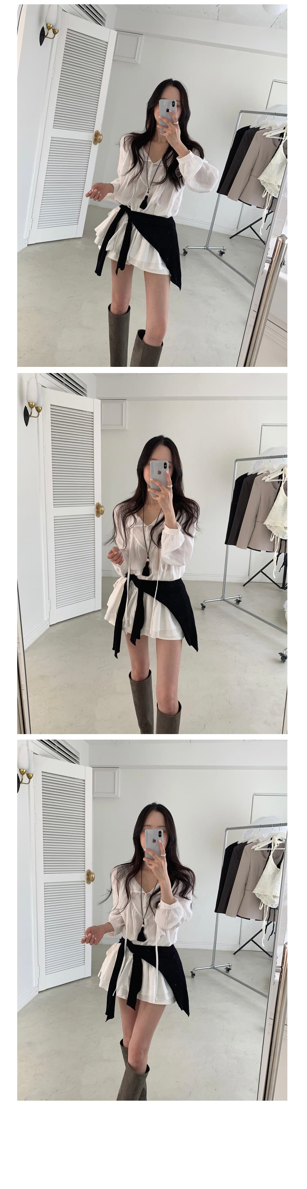 있음 선적 한 부서 얇고 가벼운 삼색 달콤함 허리 수축 펌프 로프 긴팔 드레스 상세 이미지 9