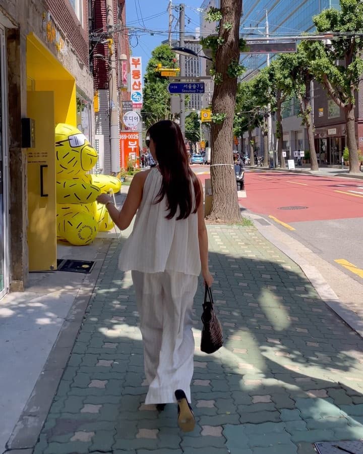 지금 huo 둘 색상 스트라이프 행침 목 슬립 긴 바지 세트 상세 이미지 4