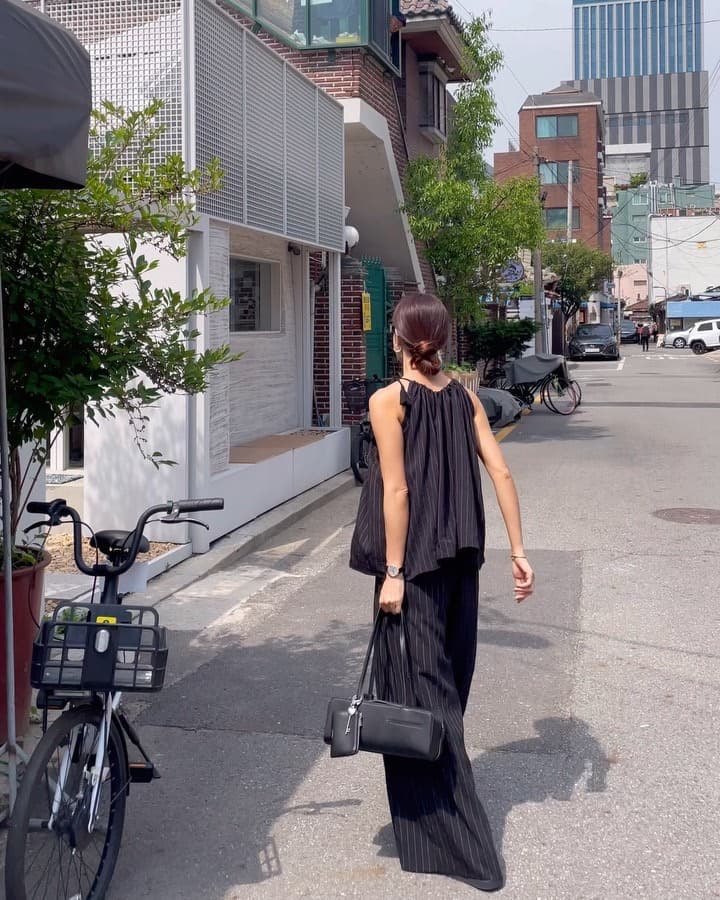 지금 huo 둘 색상 스트라이프 행침 목 슬립 긴 바지 세트 상세 이미지 8