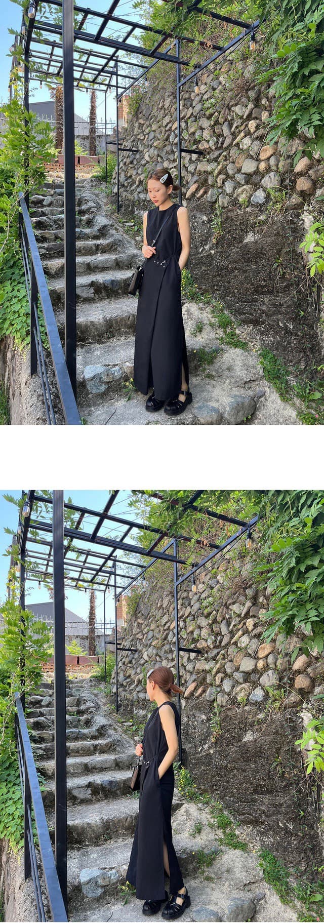 있음 선적 흑인과 백인 색상 측면 포장 롱 코트 민소매 드레스 상세 이미지 8