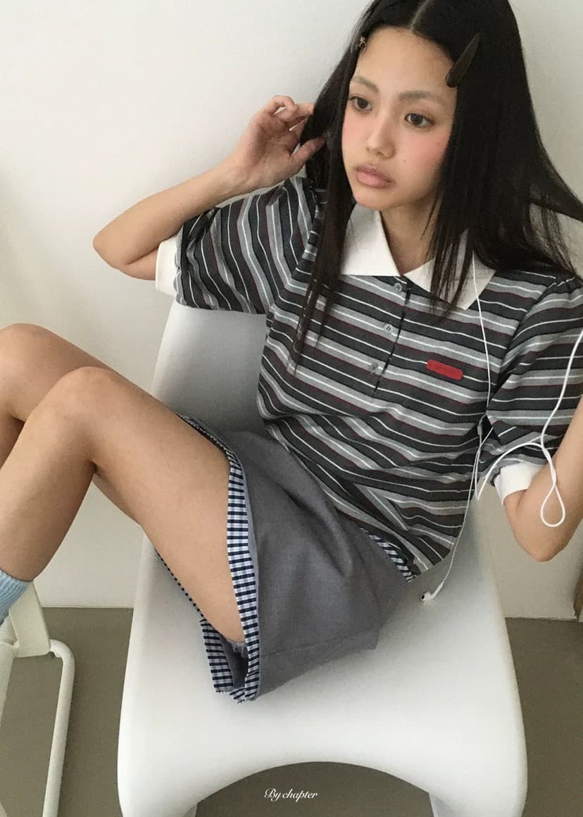 있음 선적 둘 색상 연령 감소 스트라이프 패치워크 색상 폴로 칼라 polo 반팔 티셔츠 상세 이미지 5