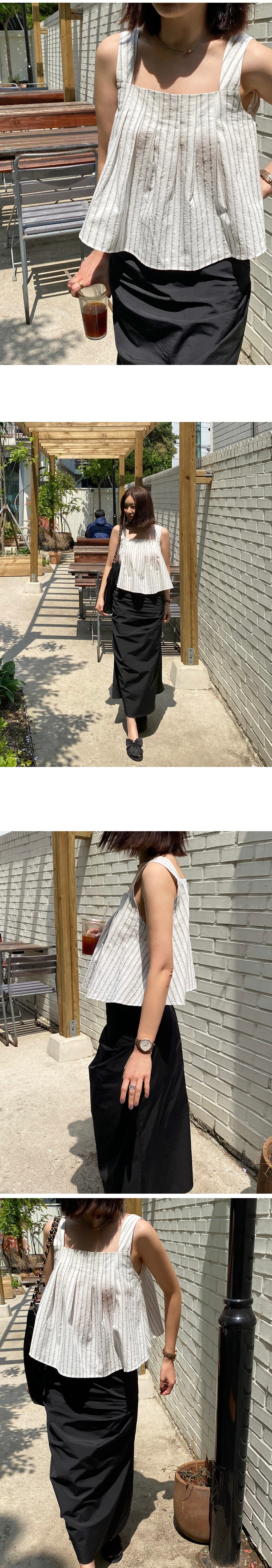 있음 선적 휴가 바람 와이드 어깨끈 주름 스트라이프 슬립 맨위 상세 이미지 8