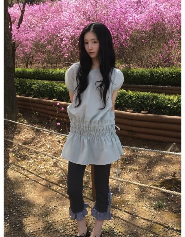 있음 선적 연령 감소 라운드 넥 펌프 Pleat 허리 수축 반팔 드레스 이미지 3