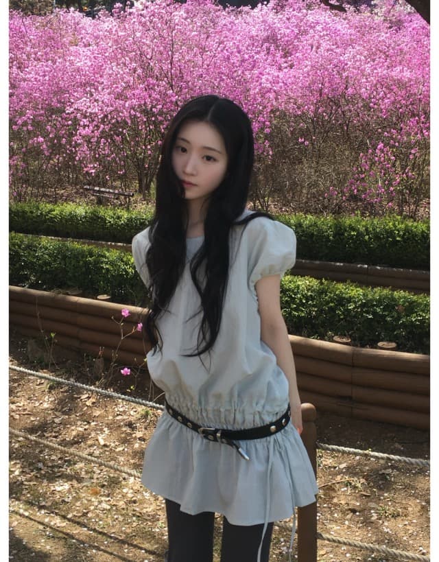 있음 선적 연령 감소 라운드 넥 펌프 Pleat 허리 수축 반팔 드레스 상세 이미지 5