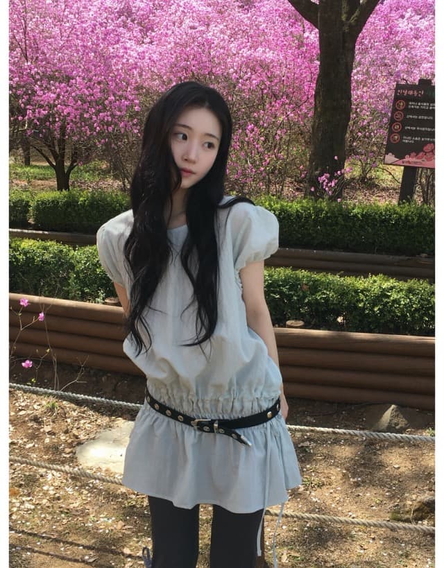 있음 선적 연령 감소 라운드 넥 펌프 Pleat 허리 수축 반팔 드레스 상세 이미지 10
