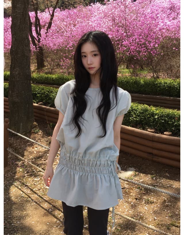 있음 선적 연령 감소 라운드 넥 펌프 Pleat 허리 수축 반팔 드레스 상세 이미지 13