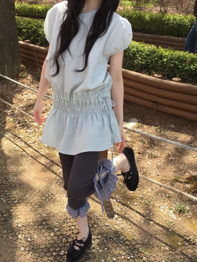 있음 선적 연령 감소 라운드 넥 펌프 Pleat 허리 수축 반팔 드레스 상세 이미지 15