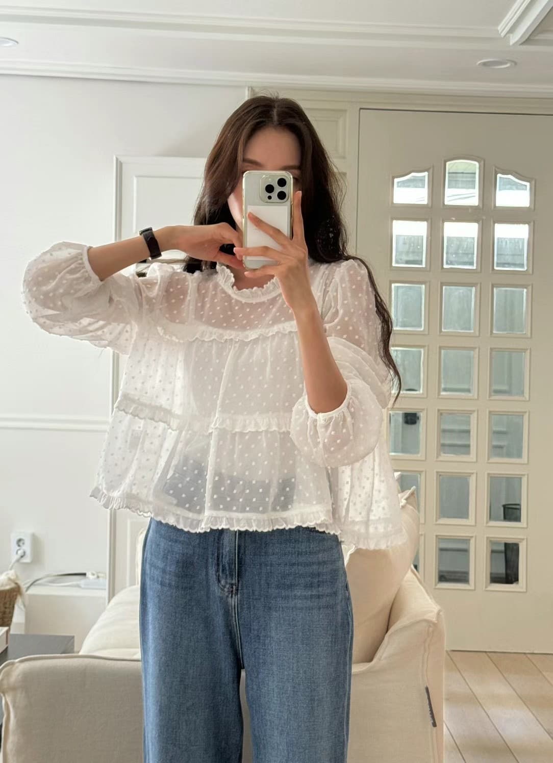 있음 선적 흑인과 백인 색상 라운드 넥 도트 무늬 긴팔 셔츠 인사이드 가져 가라. 이미지 2