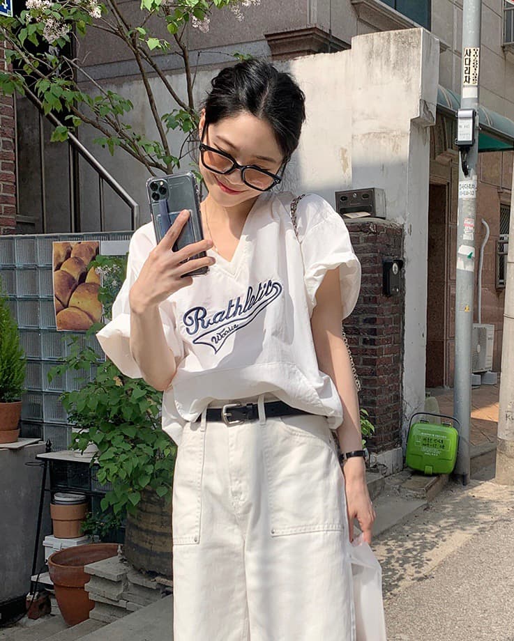 있음 선적 삼색 클래식 아메리칸 캐주얼 자수 알파벳 반팔 재킷 이미지 4