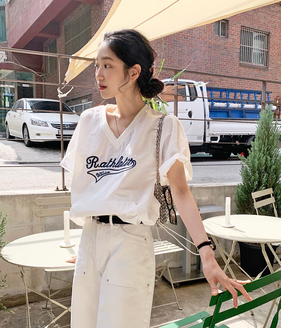 있음 선적 삼색 클래식 아메리칸 캐주얼 자수 알파벳 반팔 재킷 상세 이미지 1
