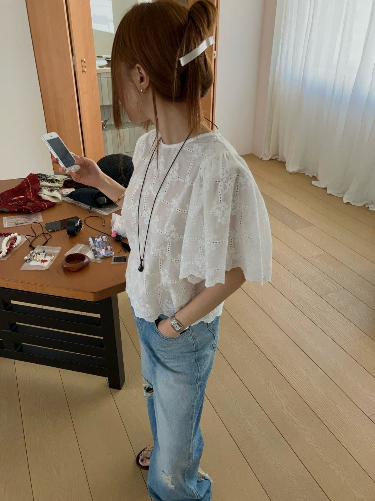 레이스 자수 물결무늬 측면 전후 둘 착용 싱글 줄 버튼 맨위 상세 이미지 15