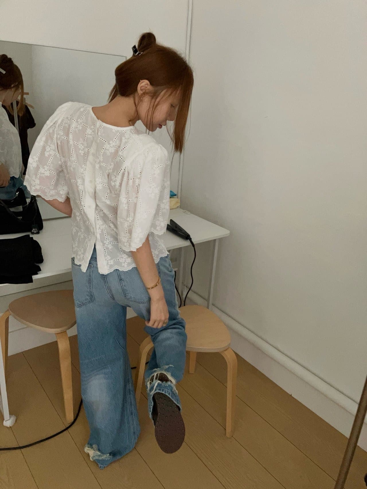 레이스 자수 물결무늬 측면 전후 둘 착용 싱글 줄 버튼 맨위 상세 이미지 19