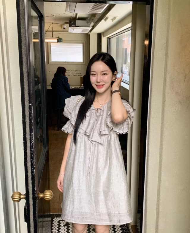 있음 선적 둘 색상 주간 실크 어둠 체크무늬 프릴 드레스 상세 이미지 14