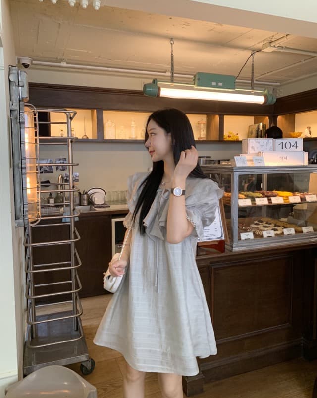 있음 선적 둘 색상 주간 실크 어둠 체크무늬 프릴 드레스 상세 이미지 15