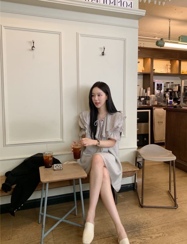있음 선적 둘 색상 주간 실크 어둠 체크무늬 프릴 드레스 상세 이미지 19