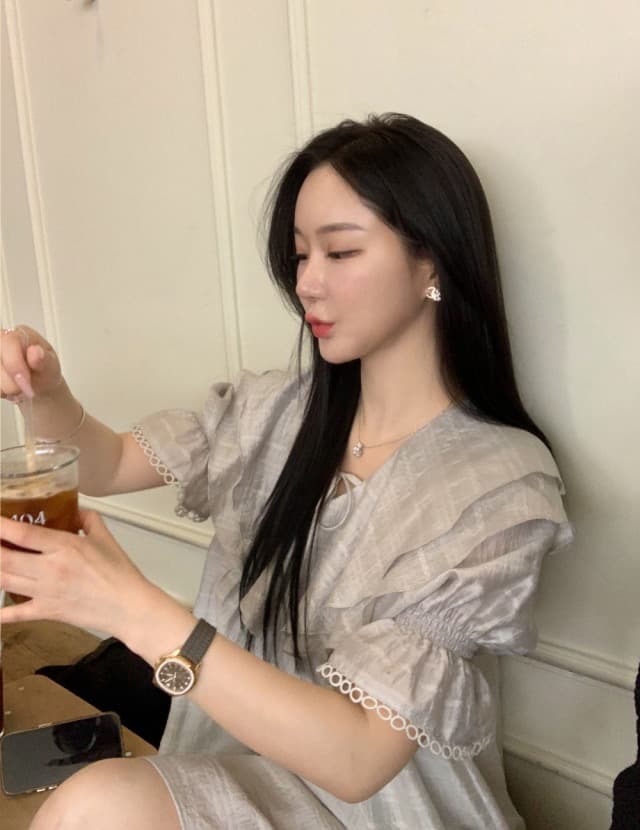 있음 선적 둘 색상 주간 실크 어둠 체크무늬 프릴 드레스 상세 이미지 21