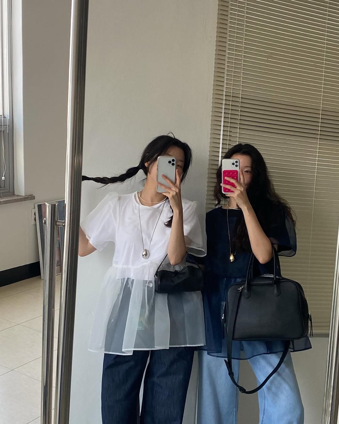 있음 선적 둘 색상 라운드 넥 망사 이후 레이스업 맨위 블라우스 상세 이미지 1