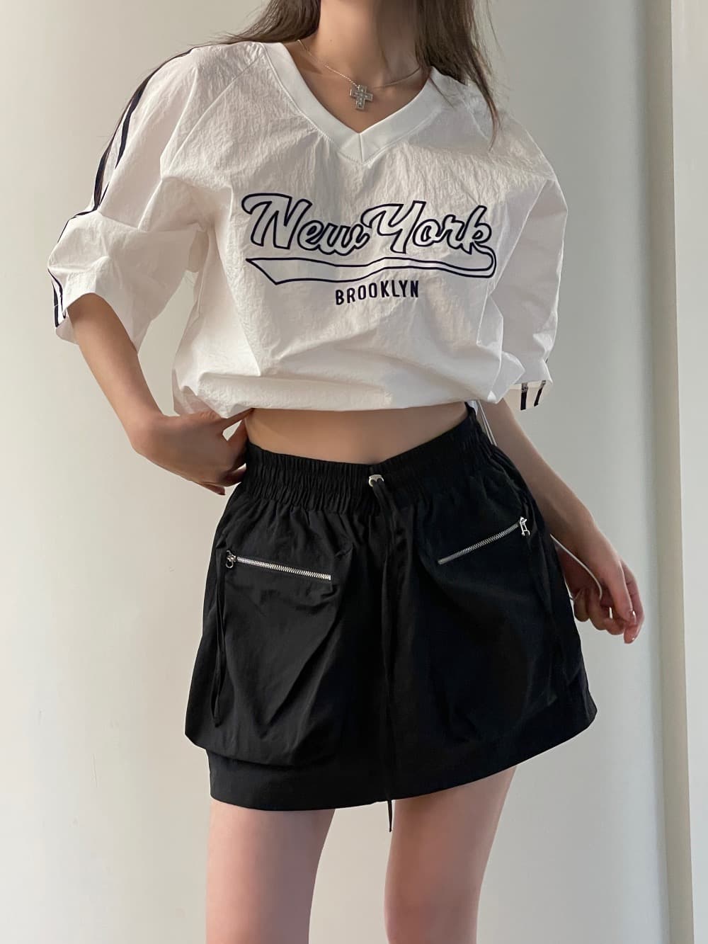 있음 선적 삼색 캐주얼 아메리칸 자수 알파벳 삽입 어깨 소매 맨위 상세 이미지 1