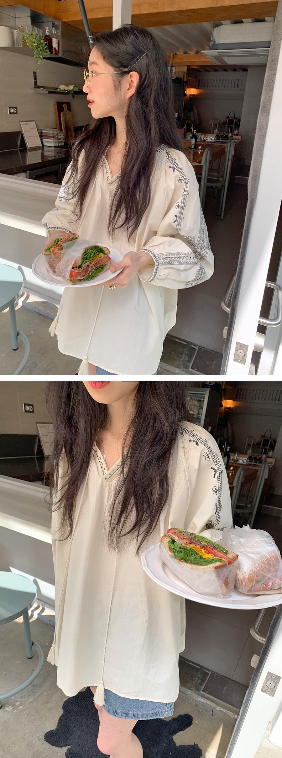 있음 선적 프랑스식 자수 루즈핏 레이스 업 셔츠 상세 이미지 5