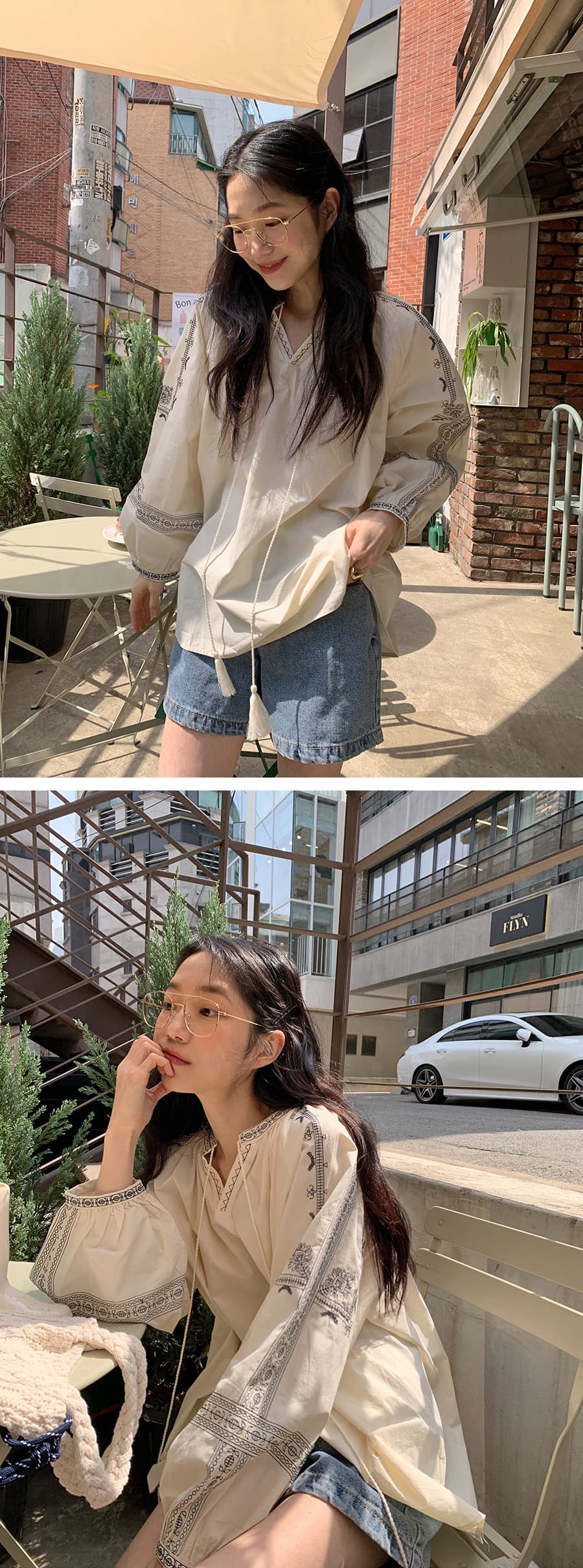 있음 선적 프랑스식 자수 루즈핏 레이스 업 셔츠 상세 이미지 8