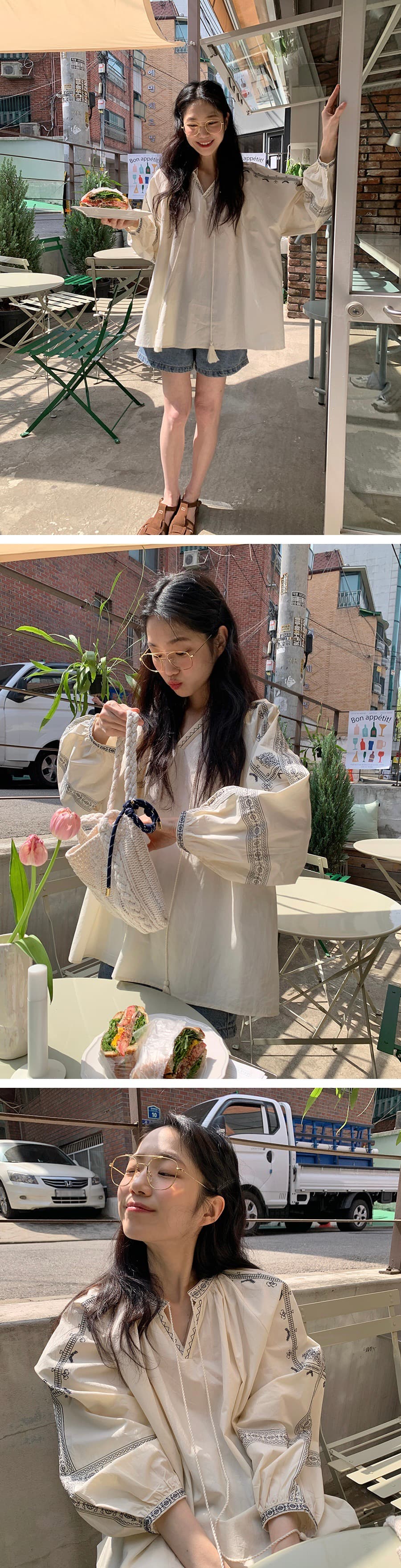 있음 선적 프랑스식 자수 루즈핏 레이스 업 셔츠 상세 이미지 11