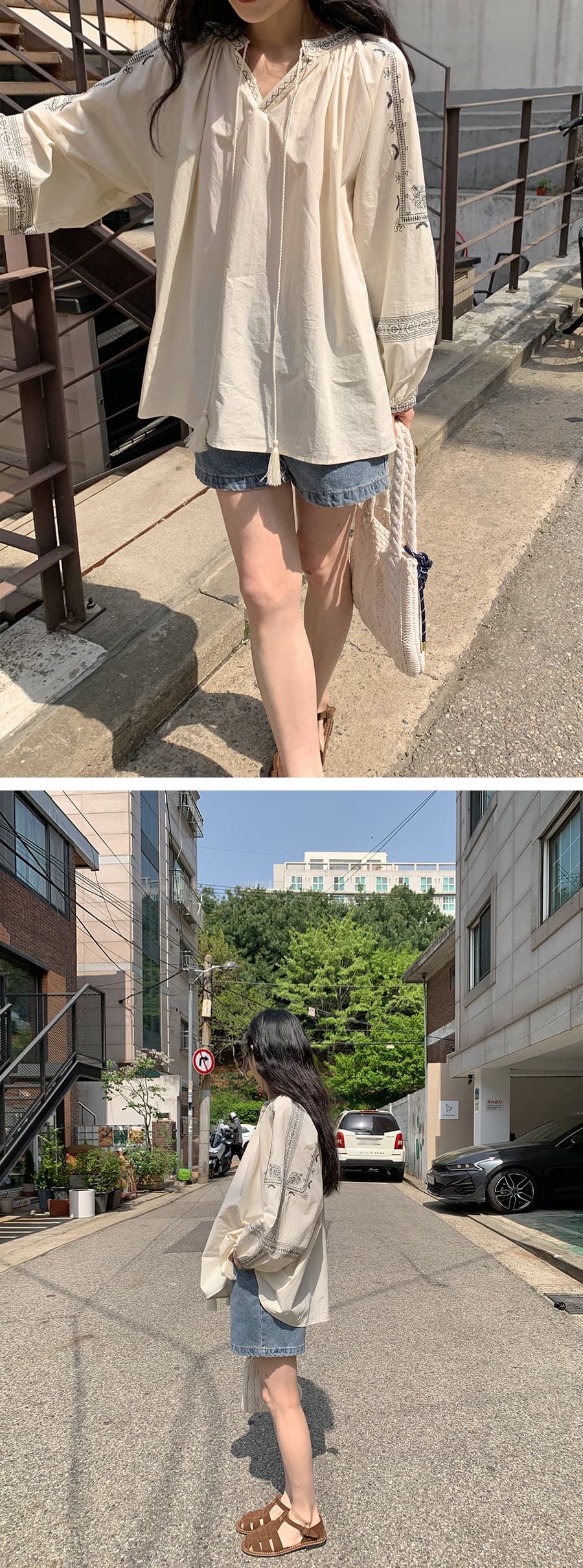 있음 선적 프랑스식 자수 루즈핏 레이스 업 셔츠 상세 이미지 13
