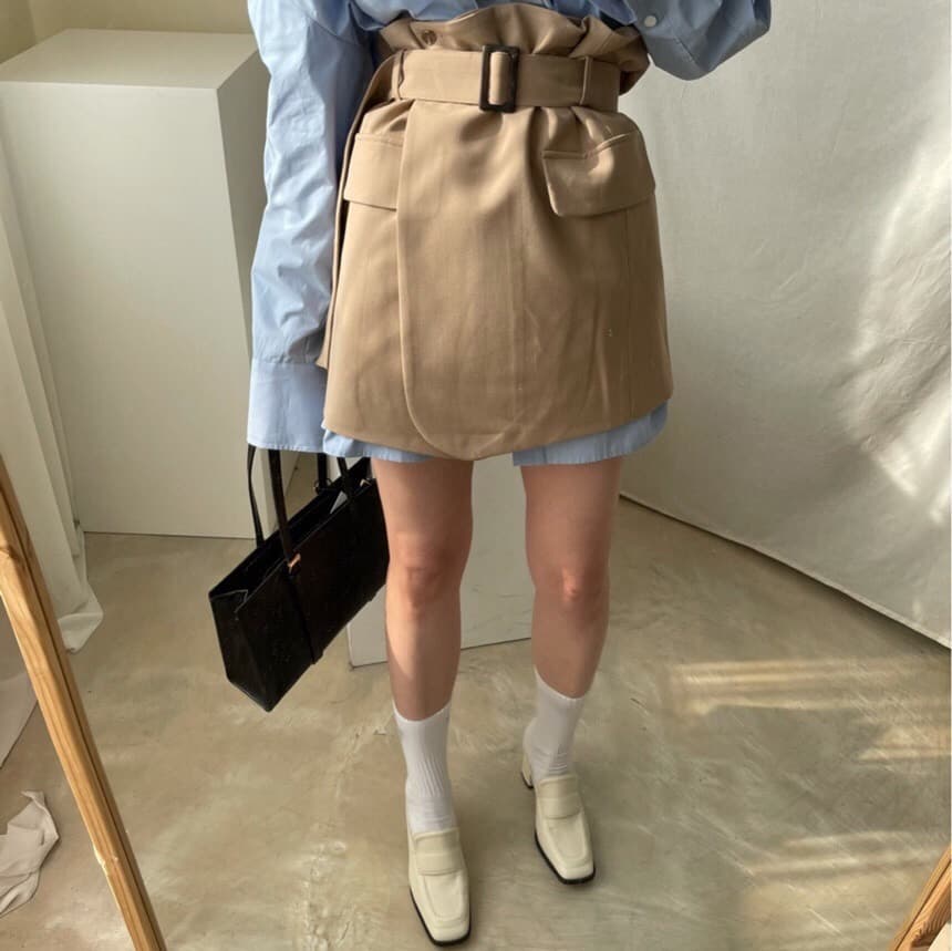 있음 선적 chic 단색 루즈핏 BF 바람 셔츠 포장 반신 스커트 이미지 3
