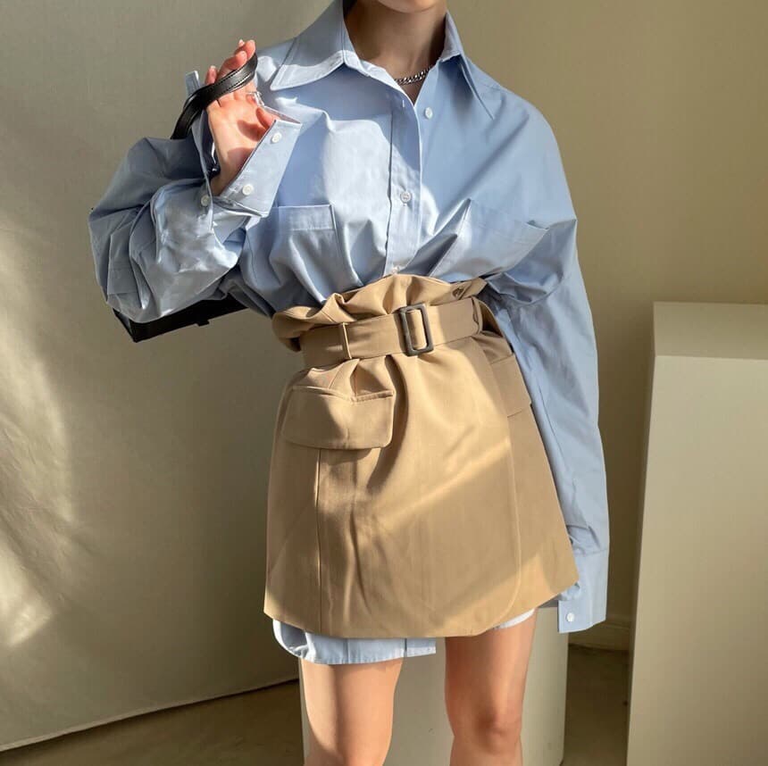 있음 선적 chic 단색 루즈핏 BF 바람 셔츠 포장 반신 스커트 상세 이미지 3