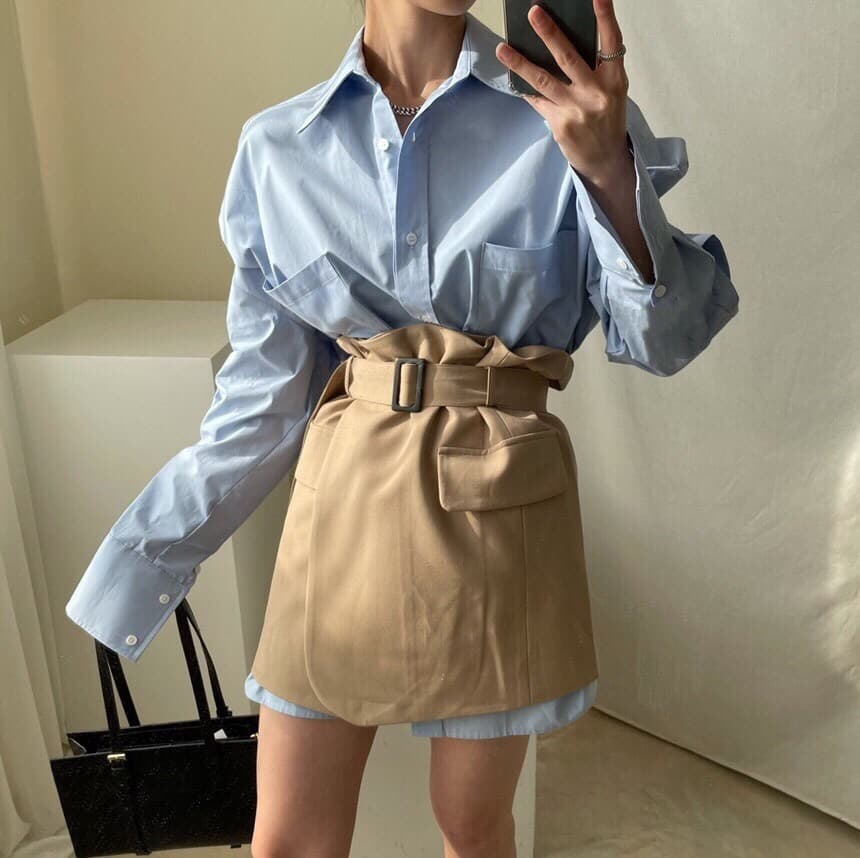 있음 선적 chic 단색 루즈핏 BF 바람 셔츠 포장 반신 스커트 상세 이미지 4