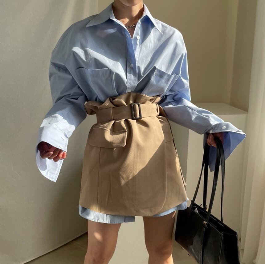 있음 선적 chic 단색 루즈핏 BF 바람 셔츠 포장 반신 스커트 상세 이미지 5