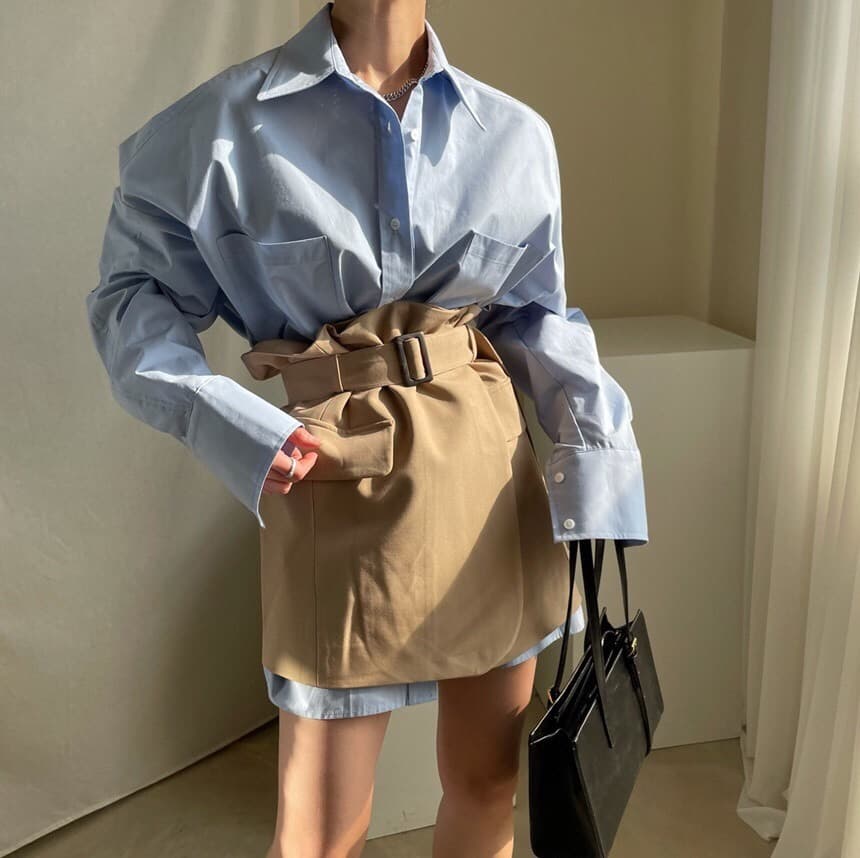 있음 선적 chic 단색 루즈핏 BF 바람 셔츠 포장 반신 스커트 상세 이미지 6