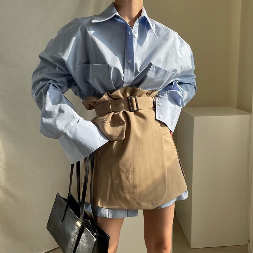 있음 선적 chic 단색 루즈핏 BF 바람 셔츠 포장 반신 스커트 상세 이미지 8