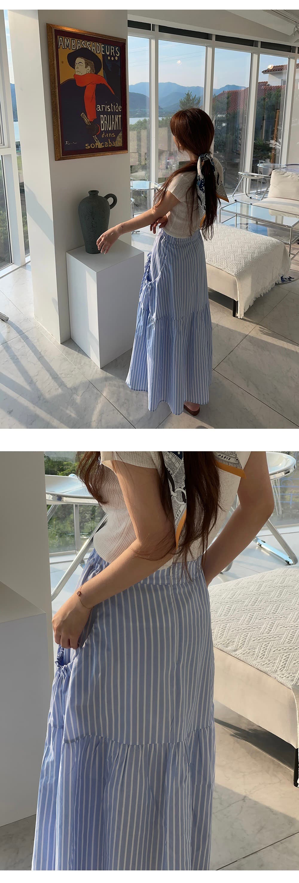 있음 선적 둘 색상 측면 주머니 큰 진자 스트라이프 반신 스커트 상세 이미지 2