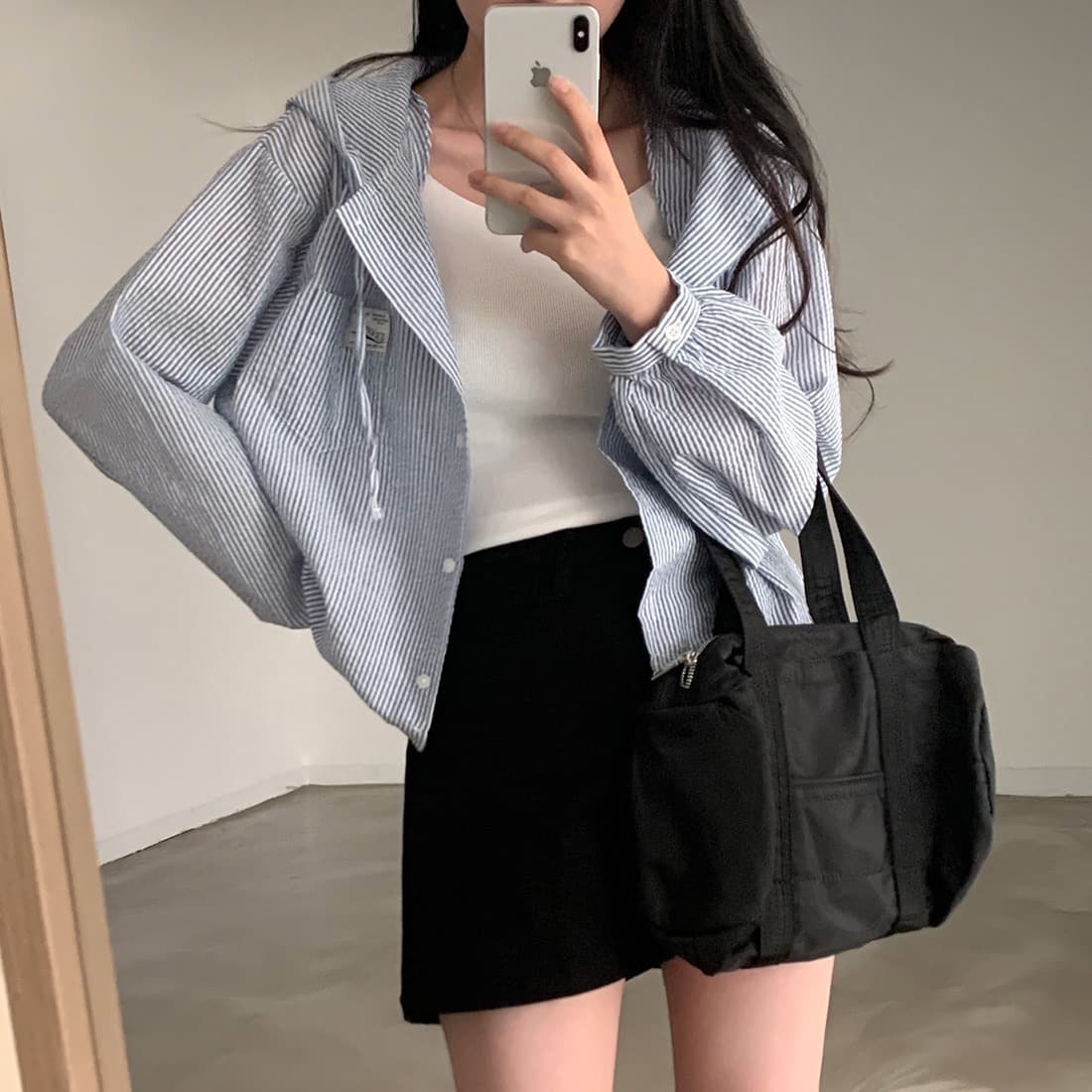 있음 선적 작은 키 품격 스트라이프 후드 긴팔 셔츠 상세 이미지 1