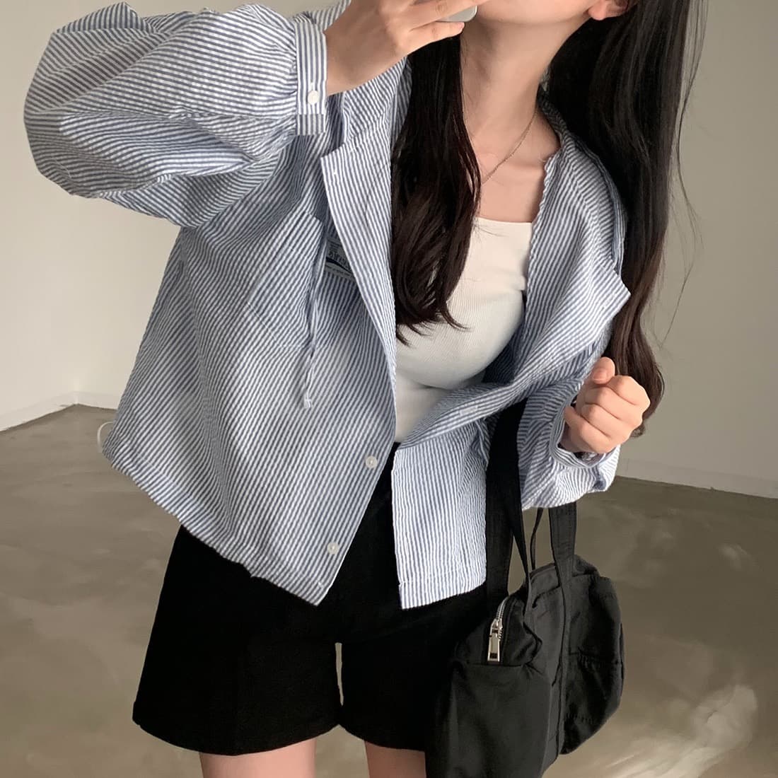 있음 선적 작은 키 품격 스트라이프 후드 긴팔 셔츠 상세 이미지 3