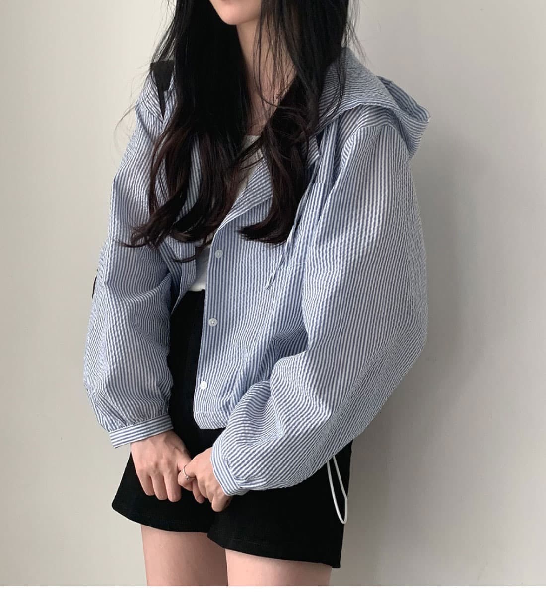 있음 선적 작은 키 품격 스트라이프 후드 긴팔 셔츠 상세 이미지 5