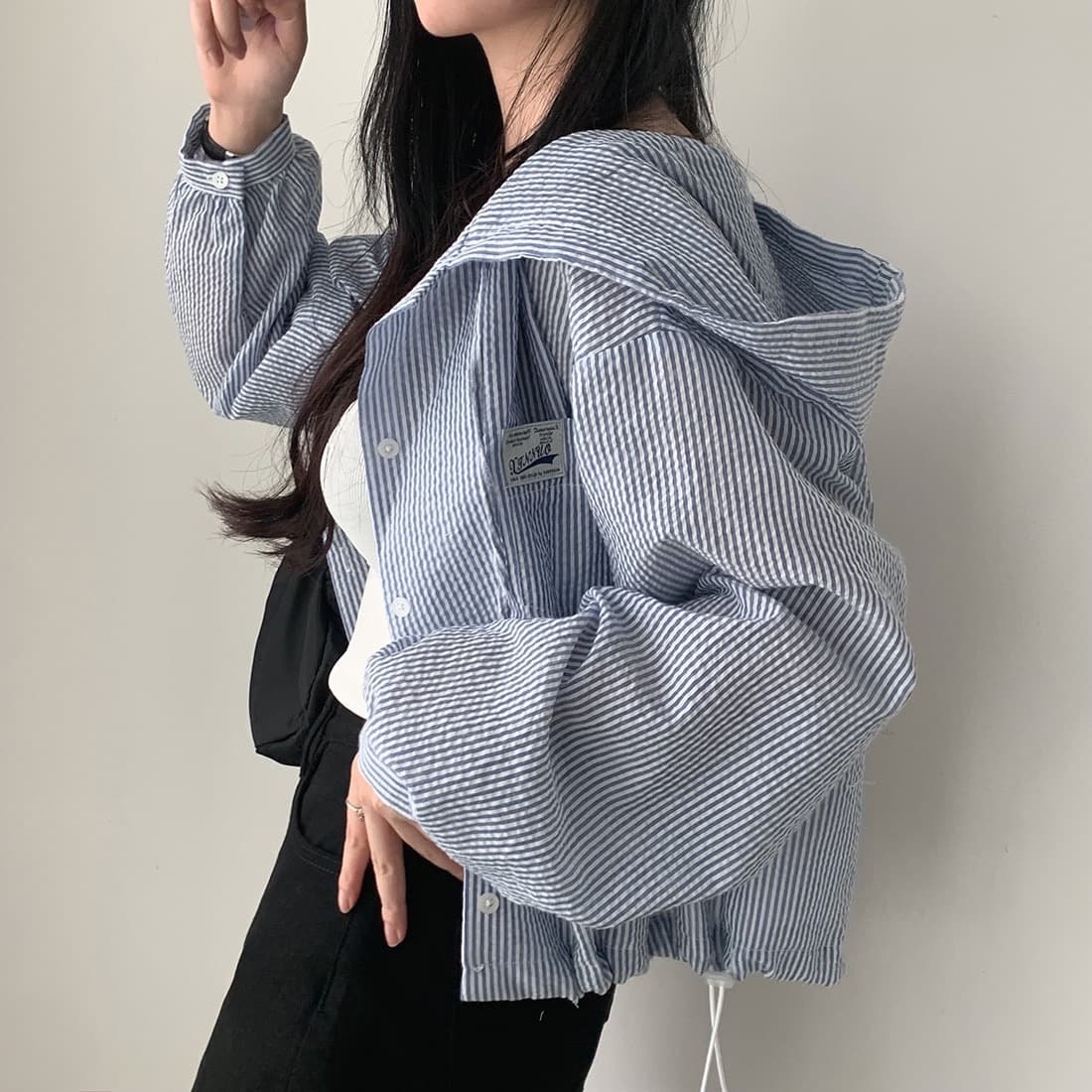 있음 선적 작은 키 품격 스트라이프 후드 긴팔 셔츠 상세 이미지 6