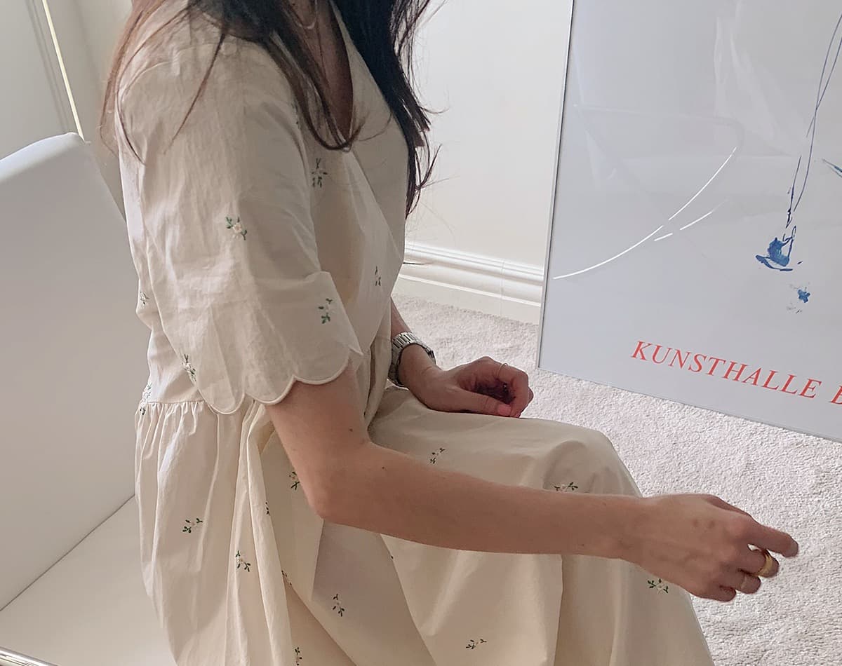 있음 선적 한 부서 면 100% 자수 물결무늬 측면 V넥 반팔 롱 코트 드레스 상세 이미지 11