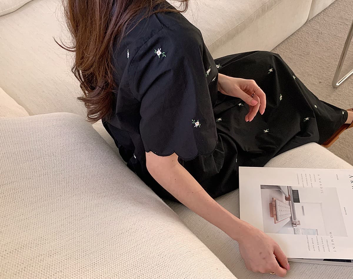 있음 선적 한 부서 면 100% 자수 물결무늬 측면 V넥 반팔 롱 코트 드레스 상세 이미지 20