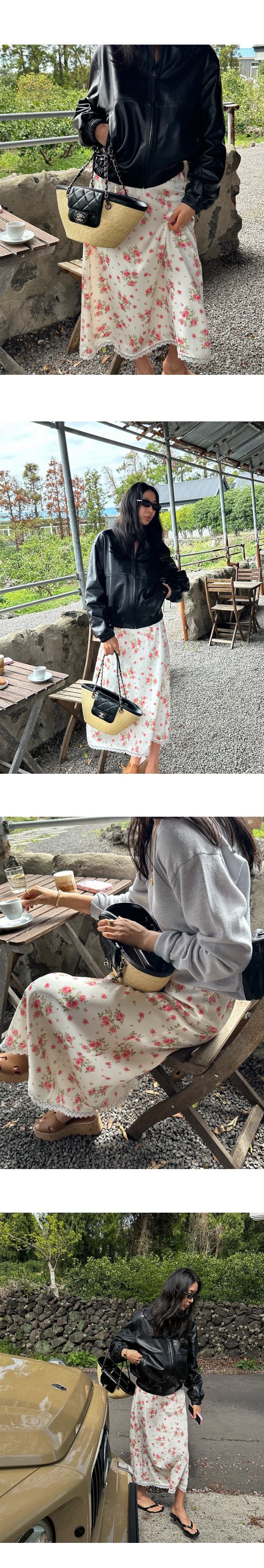 있음 선적 한국 스타일 꽃무늬 프린트 패치워크 레이스 반신 스커트 상세 이미지 11