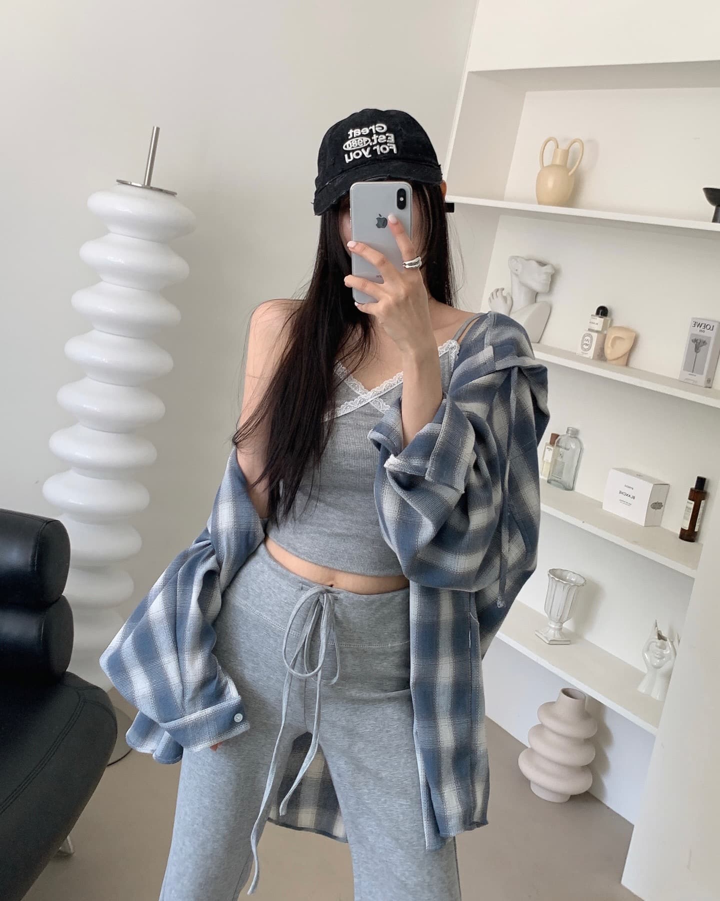 있음 선적 둘 색상 한 부서 BF 바람 루즈핏 후드 셔츠 싱글 줄 버튼 체크무늬 상세 이미지 4