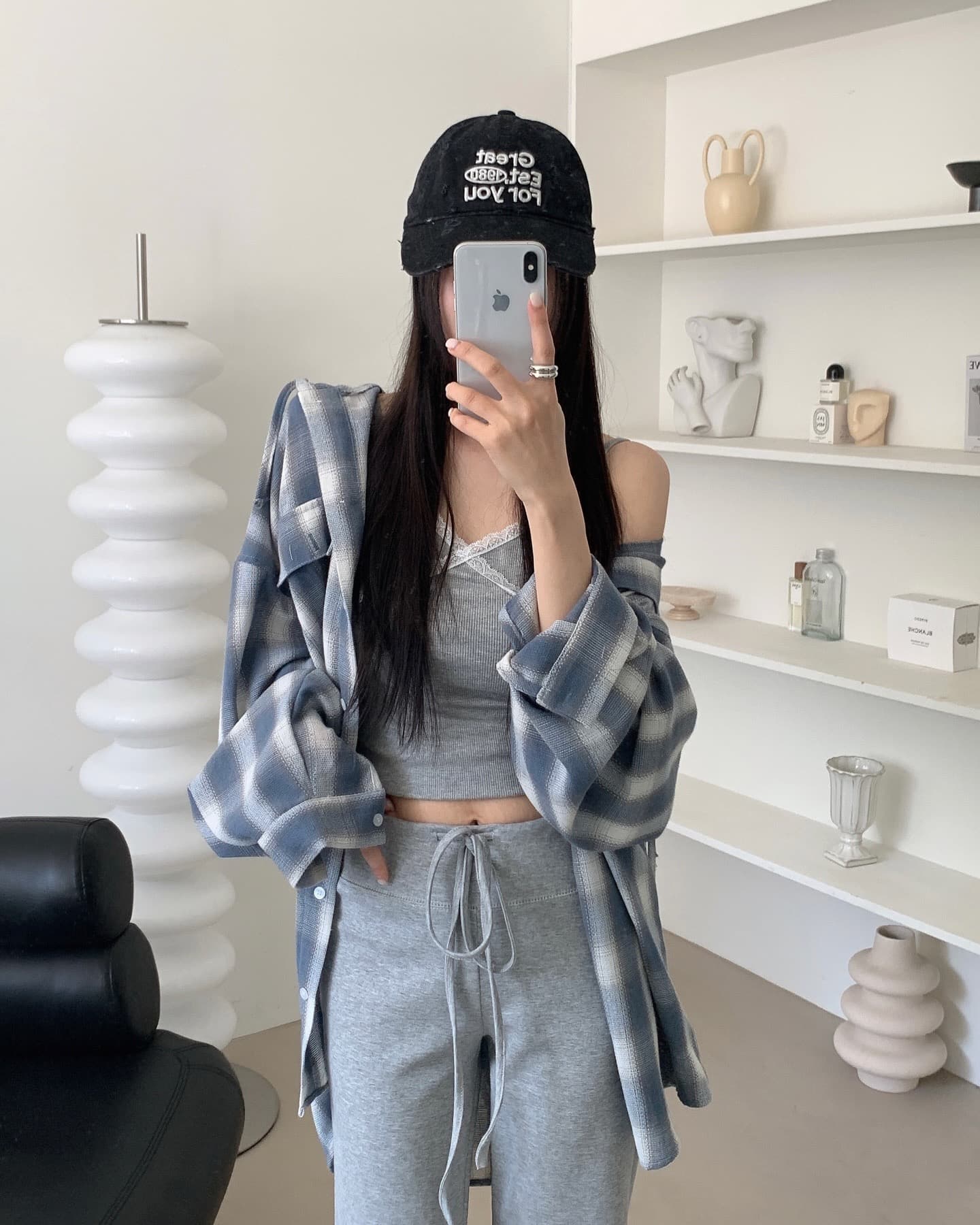 있음 선적 둘 색상 한 부서 BF 바람 루즈핏 후드 셔츠 싱글 줄 버튼 체크무늬 상세 이미지 5
